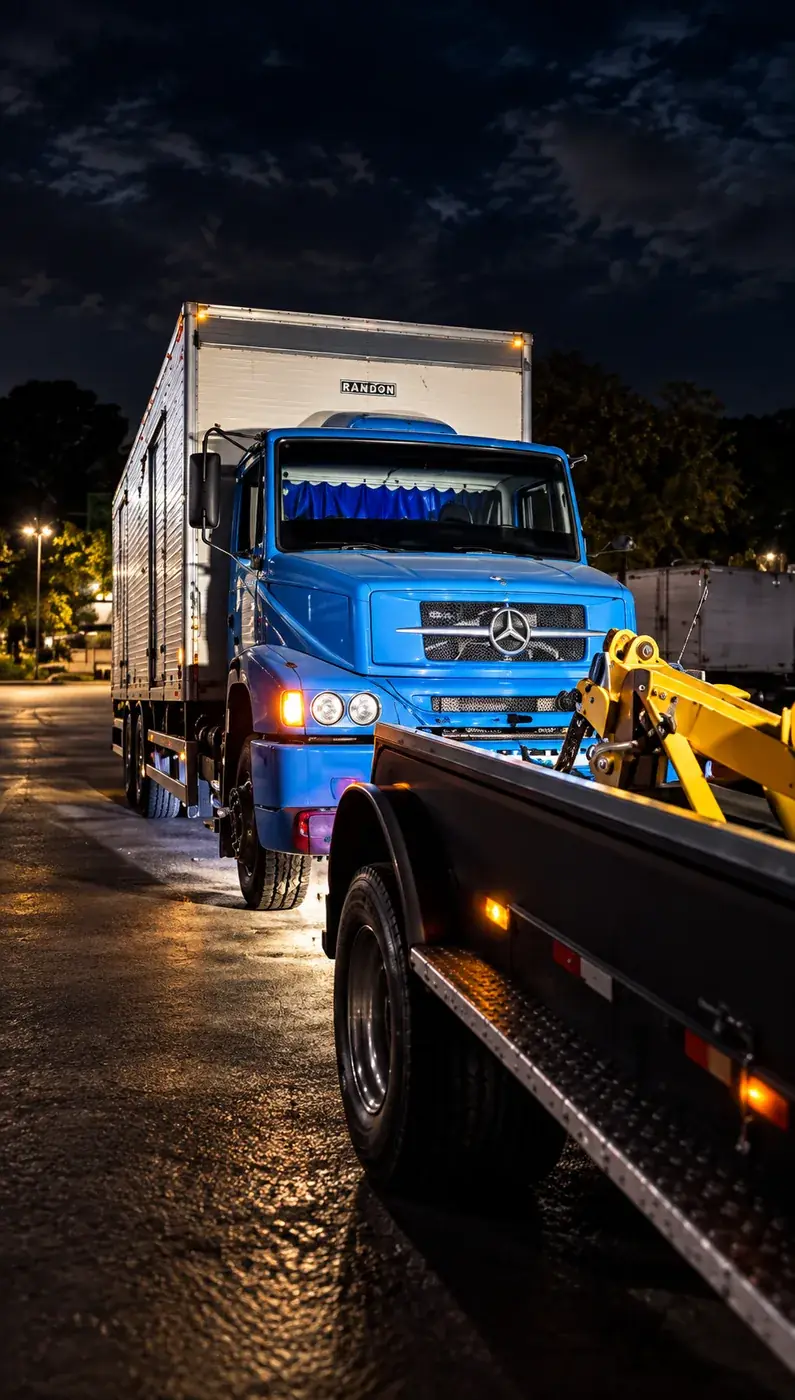 Caminhão-guincho pesado da Faller Guinchos carregando um caminhão em atendimento noturno