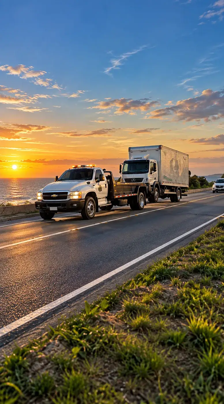 Guincho da Faller Guinchos transportando um caminhão baú em rodovia ao pôr do sol
